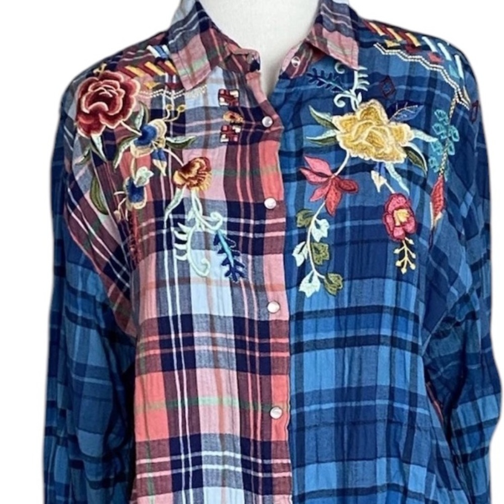 Johnny Was Pink and Blue Plaid Embroidered Eliona snap Button-Up Top - Picture 6 of 16